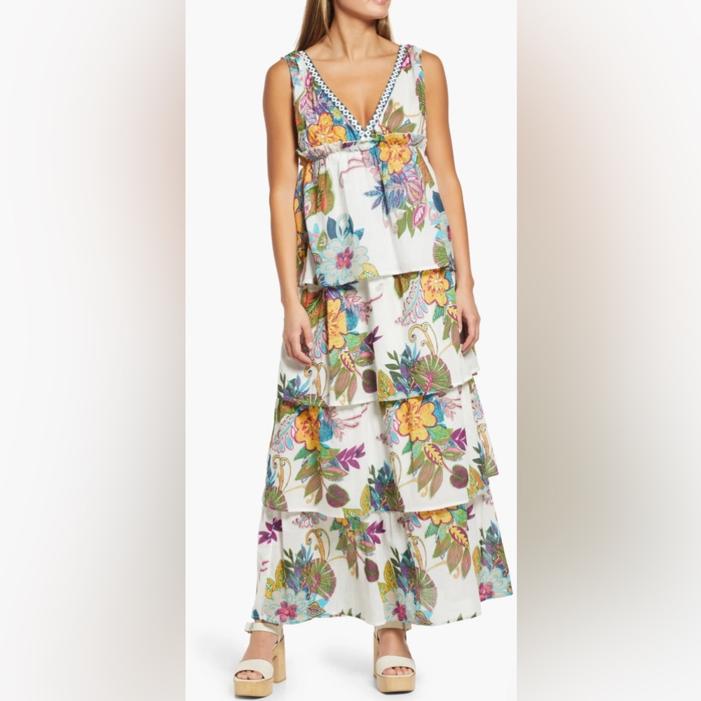 Raga White Floral Print Hibiscus Palms Maxi Dress Size Medium (8-10) NWT